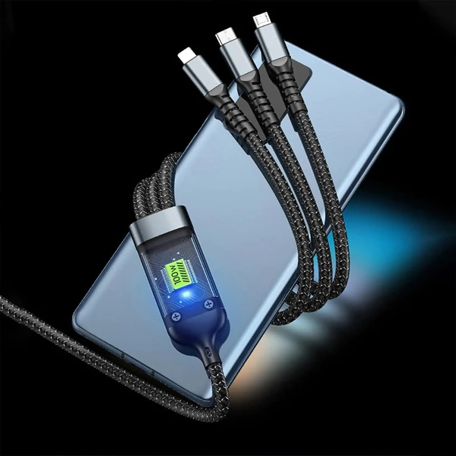 3-in-1 Super Fast Charging Cable 100w, Multifunctional Convenient Super Fast Charging Cable Nylon Braided Cord, 3-in-1 Silicone Zinc Alloy 3 Head Charging Cable