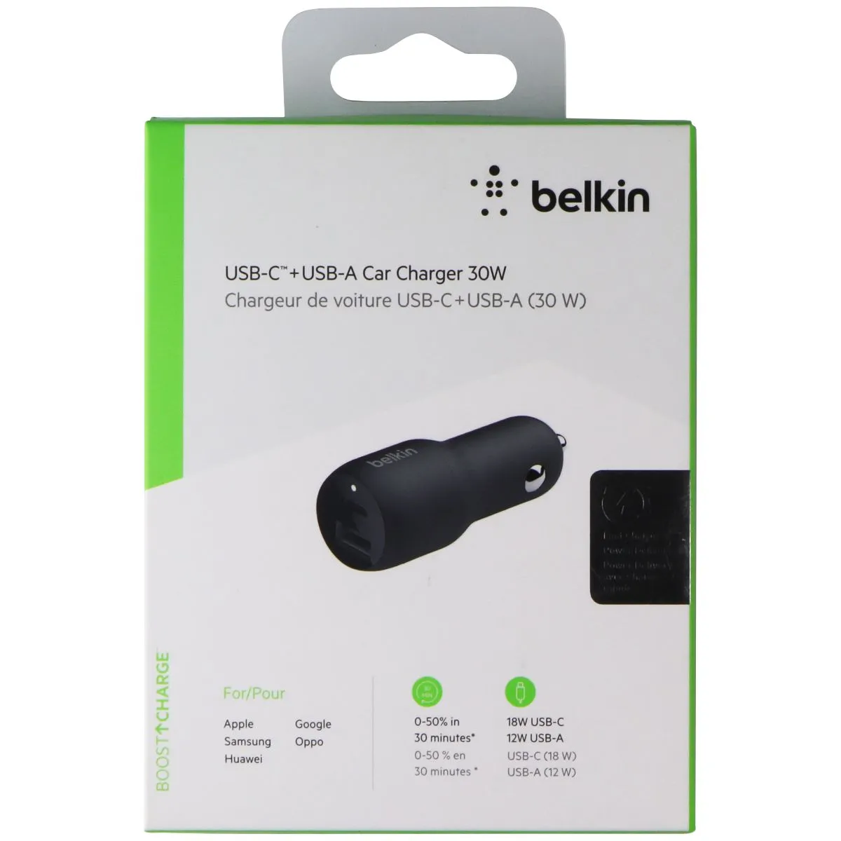 Belkin (30W) Dual-Port USB-A and USB-C Fast Charge Car Charger - Black (F7U100)