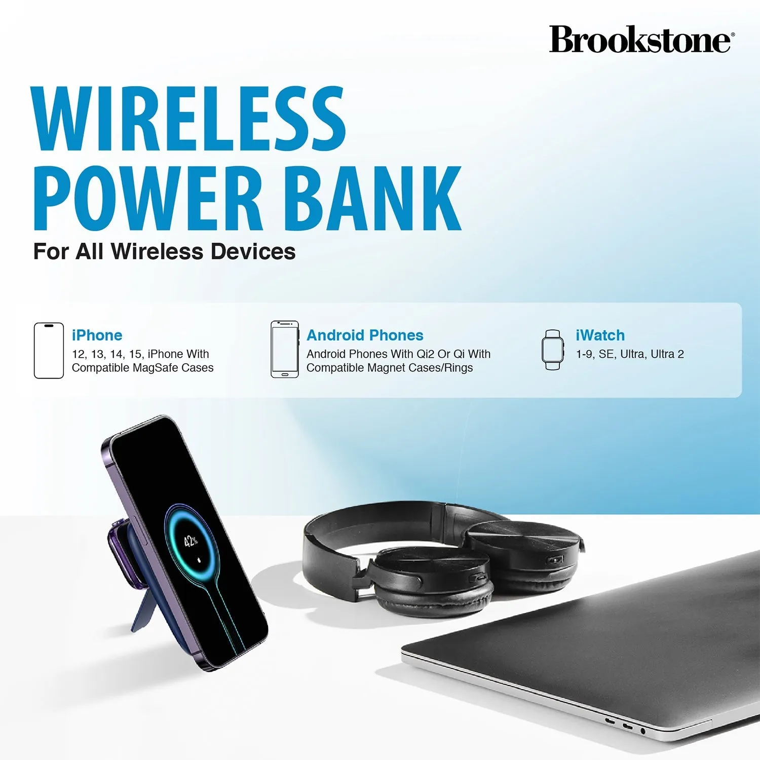 Brookstone Magnetic Charging Wireless Power Bank With Stand & 5000mAh Portable Magnetic Power Bank Charger Fast Charger Battery Pack For iPhone, iWatch, and Airpods