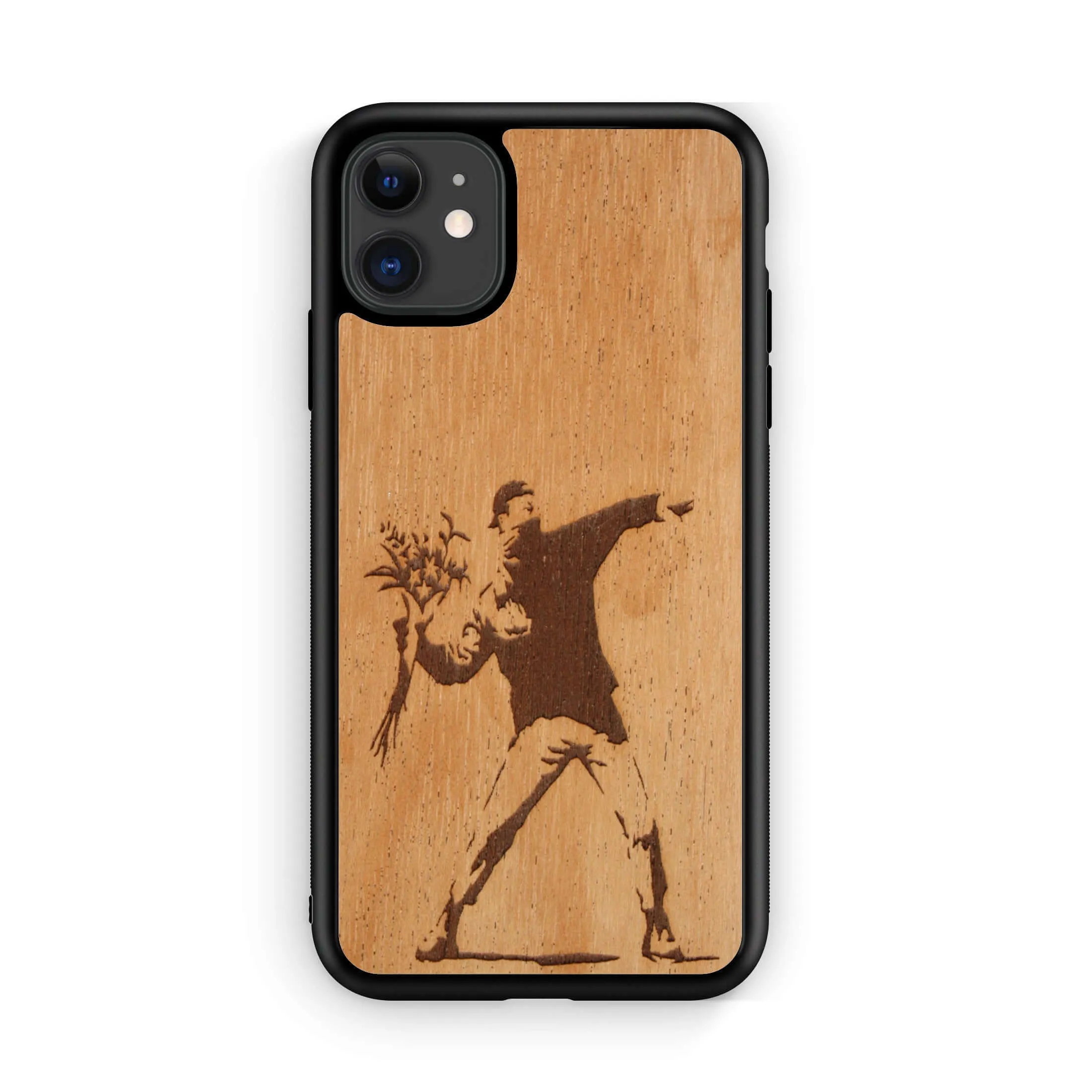 Premium Slim Mahogany Wooden Phone Case with Banksy Molotov Flowers Design