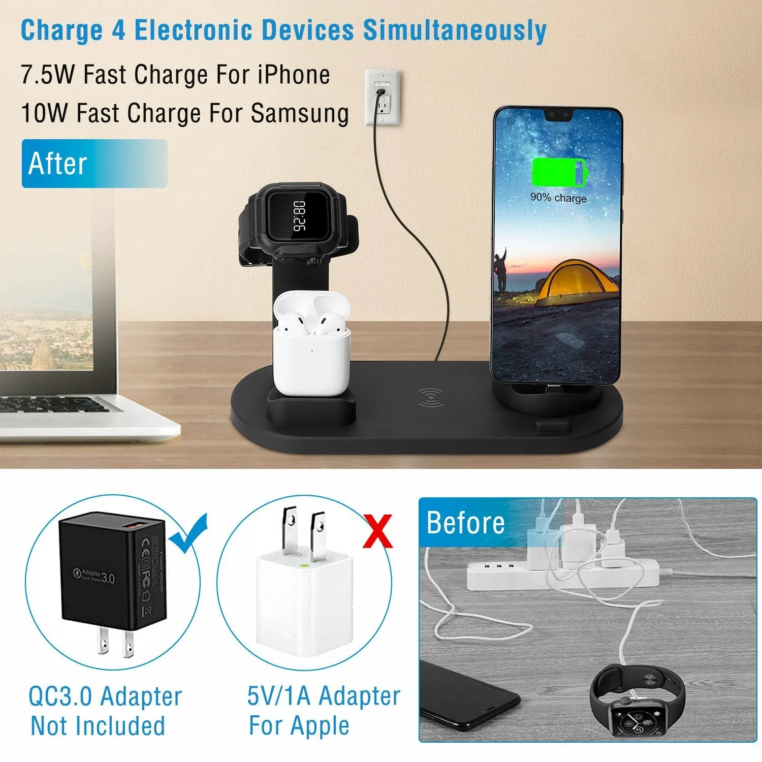 Wireless Charger Dock 4 in 1 10W Fast Charging Station For iPhone Apple iWatch Series